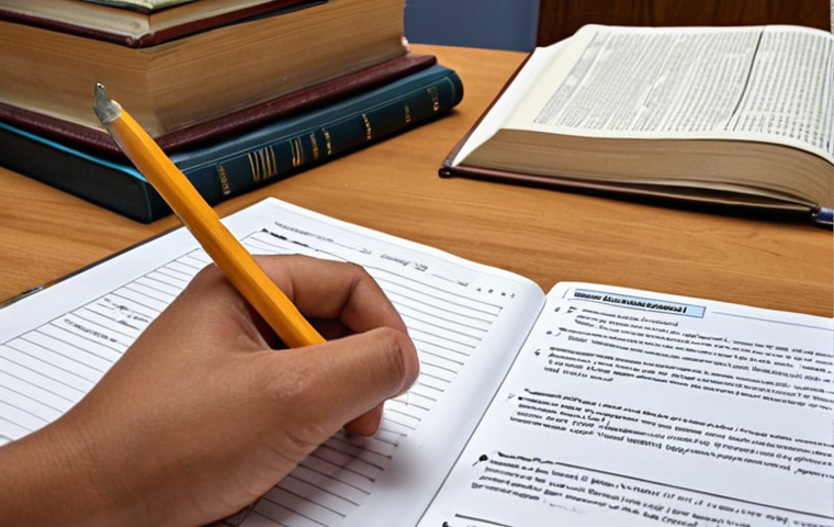**
A student studying for an agriculture and environmental technology exam. Books, notes, and practice questions are spread out on a desk. Focus on the dedication and effort required to prepare for the written portion of the exam. Realistic study environment.
**