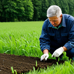 **

A professional agricultural environmental technologist, fully clothed in appropriate field attire, examining soil samples in a lush green field, safe for work, perfect anatomy, correct proportions, natural pose, professional, modest, family-friendly, high quality.

**