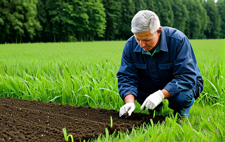 **

A professional agricultural environmental technologist, fully clothed in appropriate field attire, examining soil samples in a lush green field, safe for work, perfect anatomy, correct proportions, natural pose, professional, modest, family-friendly, high quality.

**