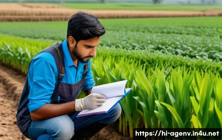 농업환경기술자 이론 학습 자료 추천 - A focused Indian agricultural environment technician studying outdoors with diverse natural elements...
