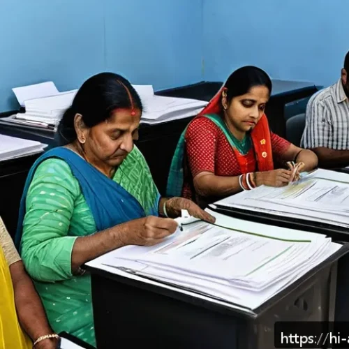 Home 13 농업환경기술자 시험 접수 유의사항 - A detailed scene of an Indian registration center where diverse Hindi-speaking candidates are submit...