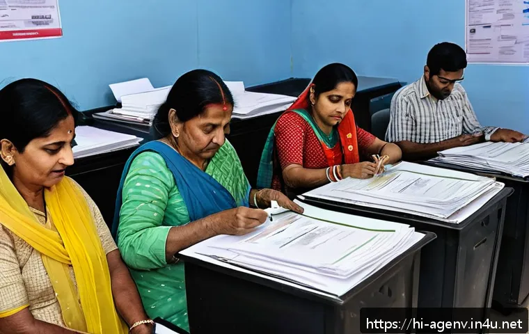 농업환경기술자 시험 접수 유의사항 - A detailed scene of an Indian registration center where diverse Hindi-speaking candidates are submit...
